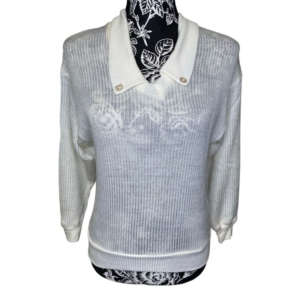 Big Shot White Sheer Knit Collared Sweater Medium Office Vintage Professional